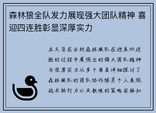 森林狼全队发力展现强大团队精神 喜迎四连胜彰显深厚实力