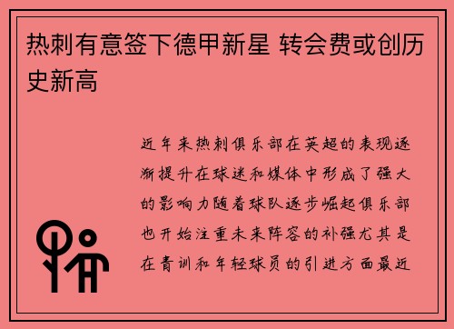 热刺有意签下德甲新星 转会费或创历史新高
