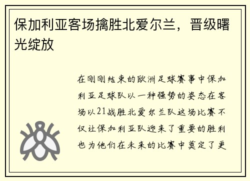 保加利亚客场擒胜北爱尔兰，晋级曙光绽放