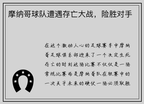 摩纳哥球队遭遇存亡大战，险胜对手