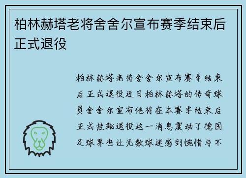 柏林赫塔老将舍舍尔宣布赛季结束后正式退役