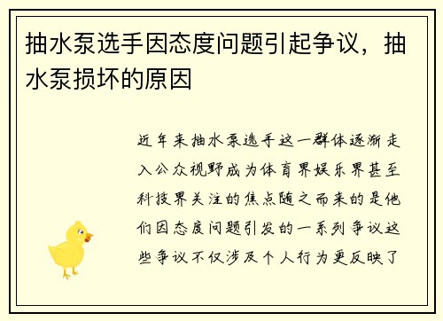 抽水泵选手因态度问题引起争议，抽水泵损坏的原因