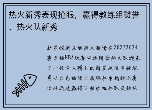 热火新秀表现抢眼，赢得教练组赞誉，热火队新秀
