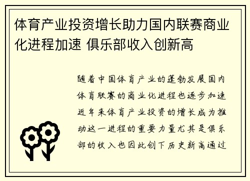 体育产业投资增长助力国内联赛商业化进程加速 俱乐部收入创新高