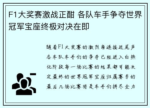 F1大奖赛激战正酣 各队车手争夺世界冠军宝座终极对决在即