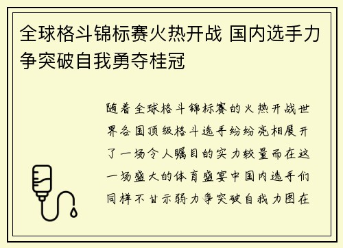全球格斗锦标赛火热开战 国内选手力争突破自我勇夺桂冠