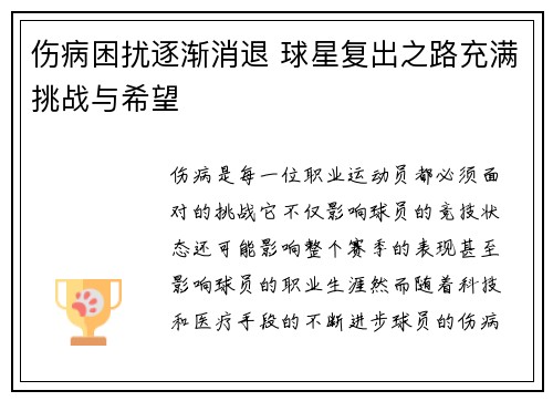 伤病困扰逐渐消退 球星复出之路充满挑战与希望