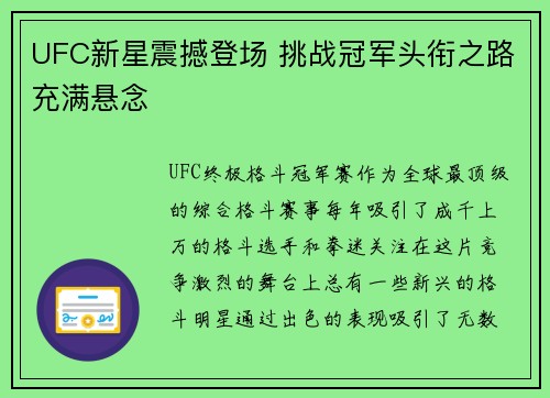 UFC新星震撼登场 挑战冠军头衔之路充满悬念