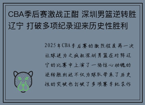 CBA季后赛激战正酣 深圳男篮逆转胜辽宁 打破多项纪录迎来历史性胜利